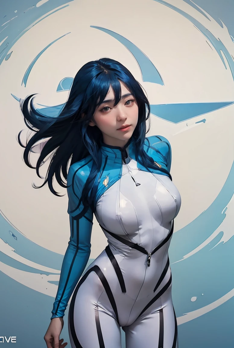 (masterpiece, best quality), 1girl,    AeroMarvel, 1girl, solo, long hair, blue eyes, large breasts, black hair, blue hair, white bodysuit,