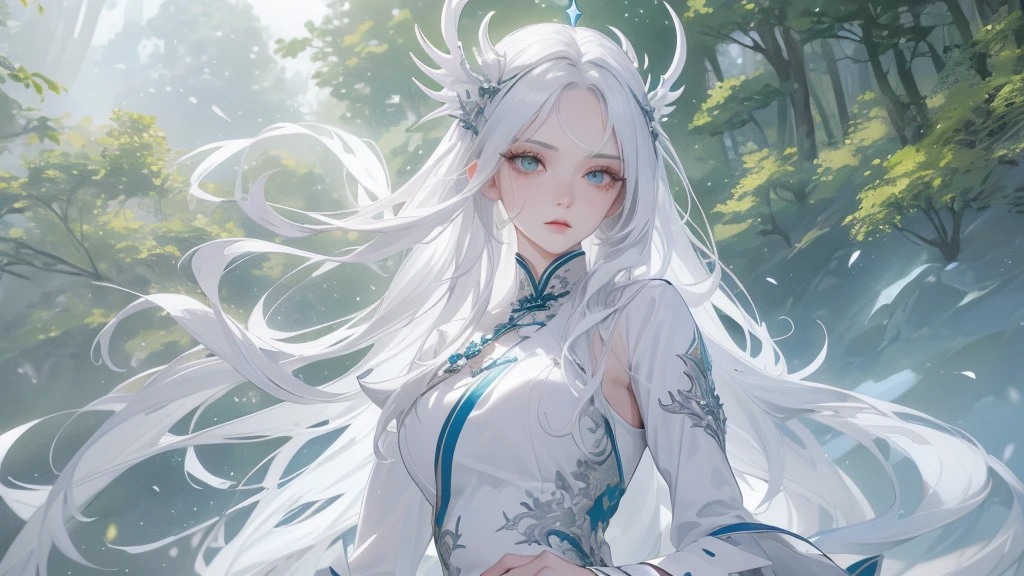 (rosto angelical), work of art, best qualityer, ultra epic details, long white hair, white eyelashes , (gray eyes), greatsword, surrounded by a large and long green Chinese mythological dragon, white stockings, white outfit, (forest in the background), gorgeous face, ((well-detailed face)), (( fully body ))