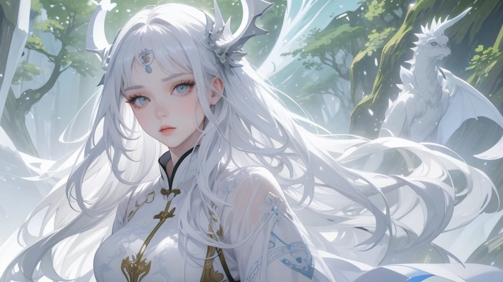 (rosto angelical), work of art, best qualityer, ultra epic details, long white hair, white eyelashes , (gray eyes), greatsword, surrounded by a large and long green Chinese mythological dragon, white stockings, white outfit, (forest in the background), gorgeous face, ((well-detailed face)), (( fully body ))