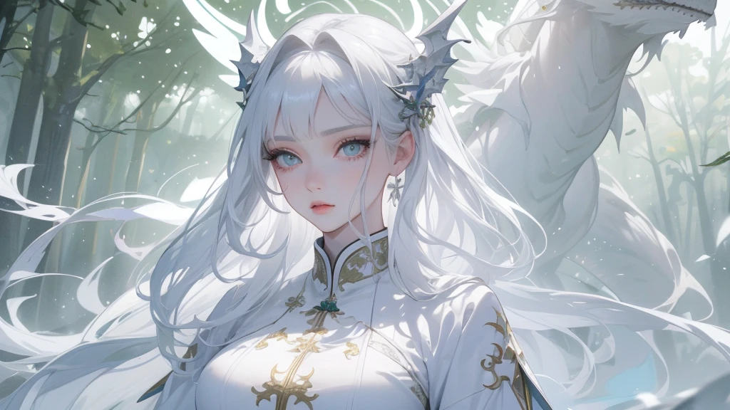 (rosto angelical), work of art, best qualityer, ultra epic details, long white hair, white eyelashes , (gray eyes), greatsword, surrounded by a large and long green Chinese mythological dragon, white stockings, white outfit, (forest in the background), gorgeous face, ((well-detailed face)), (( fully body ))