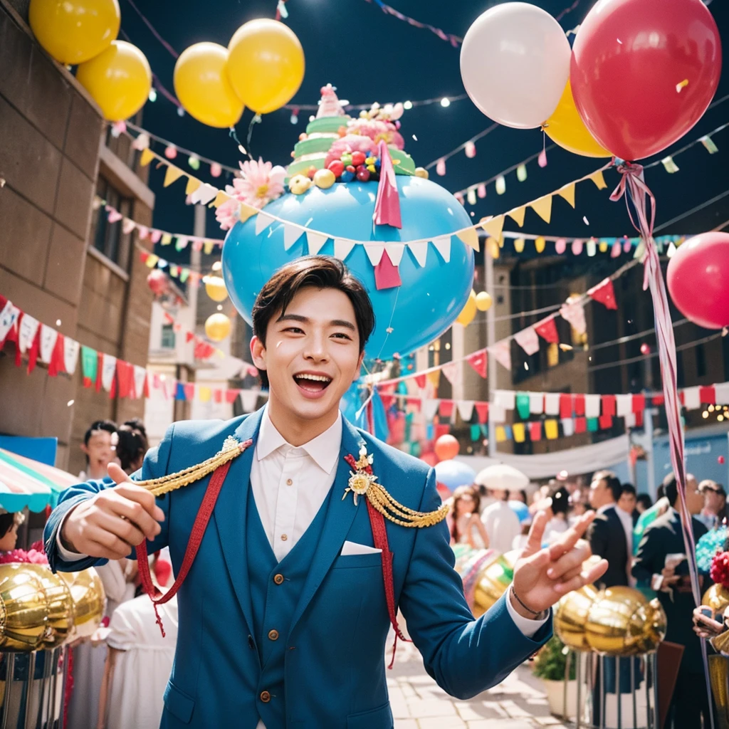 Create a creative and imaginative image of a kind-looking consul man wearing blue clothes and holding a birthday cake. Set him in an unconventional and whimsical setting, such as a magical garden with floating candles and colorful confetti raining down, or a fantastical realm where cakes are giant and candles dance with music. Infuse the image with elements of wonder and celebration, showcasing his role as a bringer of joy and connection.Surround the kind-looking consul man with a vibrant and lively background, such as a festive party scene with balloons, streamers, and joyful guests celebrating. Enhance the atmosphere with bright colors and dynamic elements that symbolize happiness and festivity, creating a visually striking and joyful image.