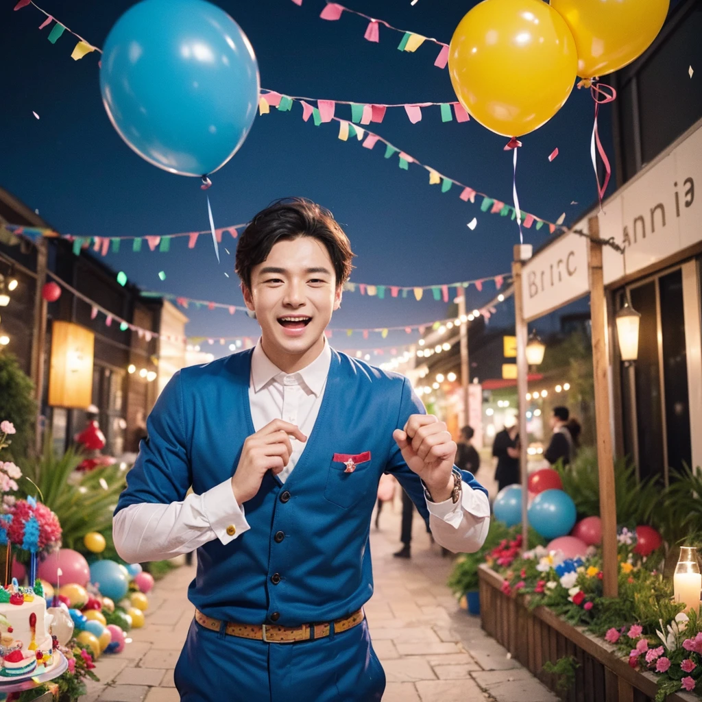 Create a creative and imaginative image of a kind-looking consul man wearing blue clothes and holding a birthday cake. Set him in an unconventional and whimsical setting, such as a magical garden with floating candles and colorful confetti raining down, or a fantastical realm where cakes are giant and candles dance with music. Infuse the image with elements of wonder and celebration, showcasing his role as a bringer of joy and connection.Surround the kind-looking consul man with a vibrant and lively background, such as a festive party scene with balloons, streamers, and joyful guests celebrating. Enhance the atmosphere with bright colors and dynamic elements that symbolize happiness and festivity, creating a visually striking and joyful image.