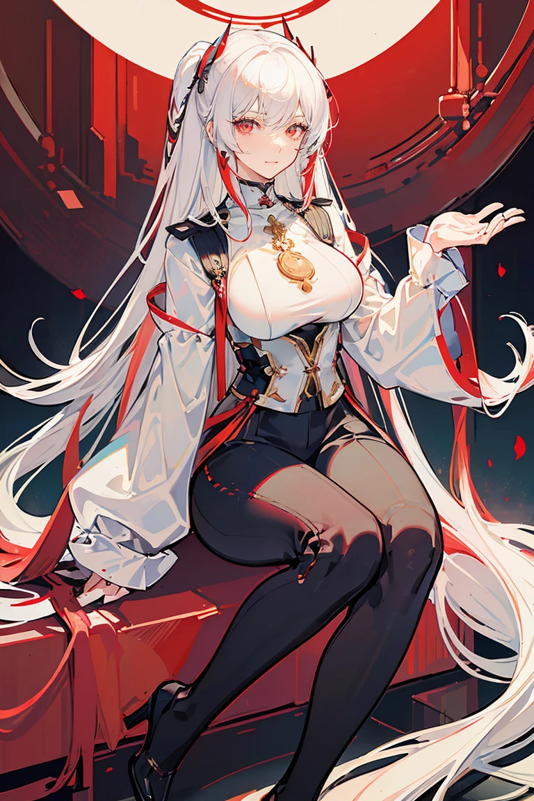 (masterpiece), best quality, seductive eyes, mature face, beautiful woman, red eyes, long white hair with bangs, long eyelashes, white turtleneck, black pants, big breast, anime cover, 1girl, smug face, mature face
