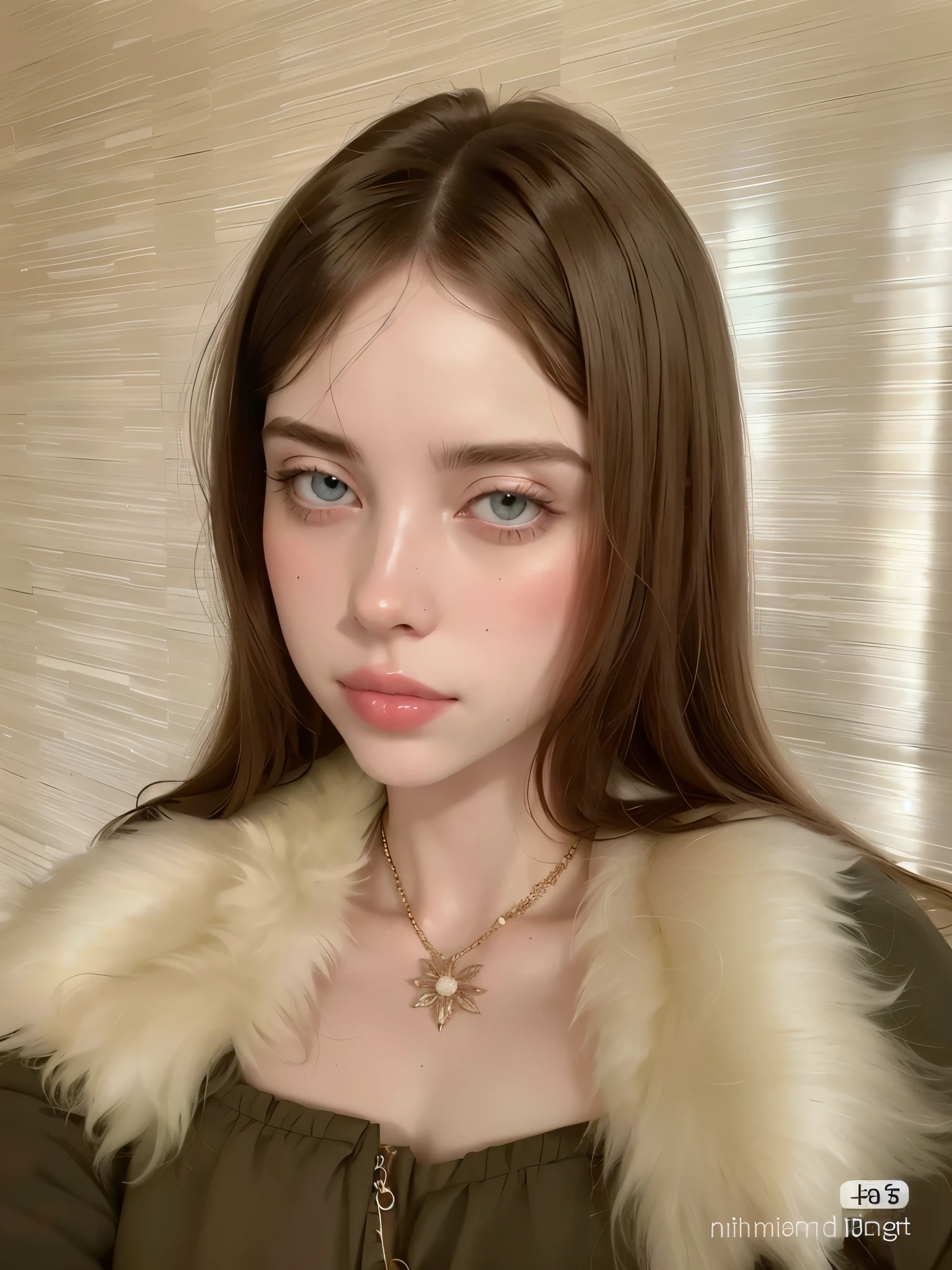 a closeup of a woman with a fur collar, pale porcelain white skin, pale skin de porcelana, pale skin y clara!!, pale skin y brillante, Kawaii realistic portrait, pale ivory skin, 🤤 girl portrait, pale skin, smooth and impeccable, pale skin y blanca como la nieve, pale skin marfil, pale milky white porcelain skin, chica persa de pale skin, pale round face, pale skin y clara