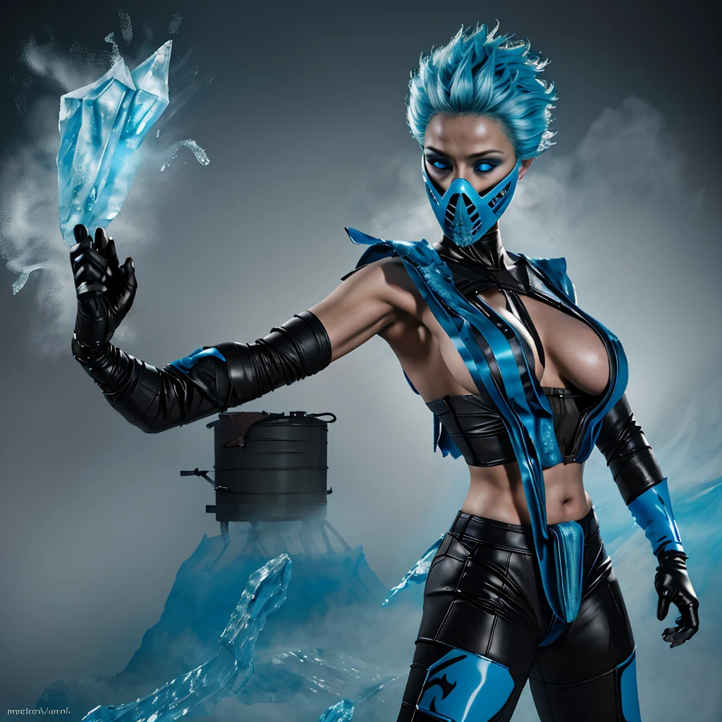 Frost, blue hair, blue eyes, solo, standing, close up, short hair up, spiked hair,covered nipples,
FroNin, mask, fingerless elbow gloves, ,bodysuit ,thighhighs, black footwear, heels, pelvic curtain, stars,typical blue martial arts uniform, arm and leg guards, an icy blue mask, wielding an ice sword, icy background particles,icy waves, stunning detailed background, icy steam from hands, icy steam from mask, icy steam from suit,((complex background))
(insanely detailed, beautiful detailed face, masterpiece, best quality) a black jumpsuit with attached blue tabard and belt and printed armour detailing on the shins and arms, icy weapons, dynamic pose, midriff, snowflakes,ice,
Ben Bauchau, Michael Garmash, Daniel F
Gerhartz, Clint Cearley, Carne Griffiths, Jean Baptiste
Monge, strybk style, warm dreamy lighting, matte
background, volumetric lighting, pulp adventure
style, fluid acrylic, dynamic gradients, bold color,
illustration, highly detailed, simple, smooth and clean
vector curves, vector art, smooth, johan grenier,
character design, 3d shadowing, fanbox, cinematic.
ornate motifs, elegant organic framing, hyperrealism
posterized, masterpiece collection, bright lush colors.
TXAA, penumbra, abstract minimalism, wet gouache
, FROST, FRONIN,