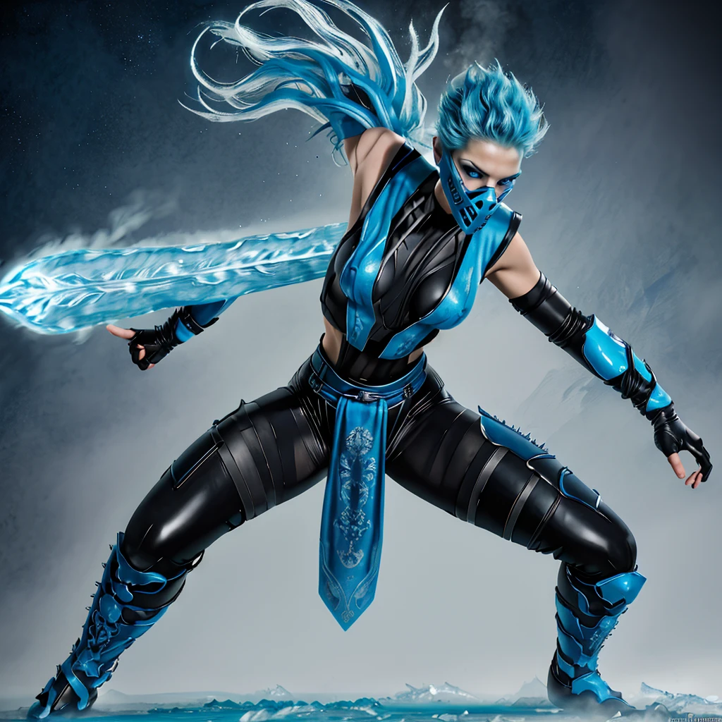 Frost, blue hair,  blue eyes, solo, standing, close up, short hair up, spiked hair,covered nipples, 
FroNin, mask,  fingerless elbow gloves, ,bodysuit ,thighhighs, black footwear, heels, pelvic curtain, stars,typical  blue martial arts uniform, arm and leg guards, an icy blue mask, wielding an ice sword, icy background particles,icy waves, stunning detailed background, icy steam from hands, icy steam from mask, icy steam from suit,((complex background))
(insanely detailed, beautiful detailed face, masterpiece, best quality) a black jumpsuit with attached blue tabard and belt and printed armour detailing on the shins and arms, icy weapons, dynamic pose, midriff, snowflakes,ice, 

Ben Bauchau, Michael Garmash, Daniel F
Gerhartz, Clint Cearley, Carne Griffiths, Jean Baptiste
Monge, strybk style, warm dreamy lighting, matte
background, volumetric lighting, pulp adventure
style, fluid acrylic, dynamic gradients, bold color,
illustration, highly detailed, simple, smooth and clean
vector curves, vector art, smooth, johan grenier,
character design, 3d shadowing, fanbox, cinematic.
ornate motifs, elegant organic framing, hyperrealism
posterized, masterpiece collection, bright lush colors.
TXAA, penumbra, abstract minimalism, wet gouache


, FROST, FRONIN,