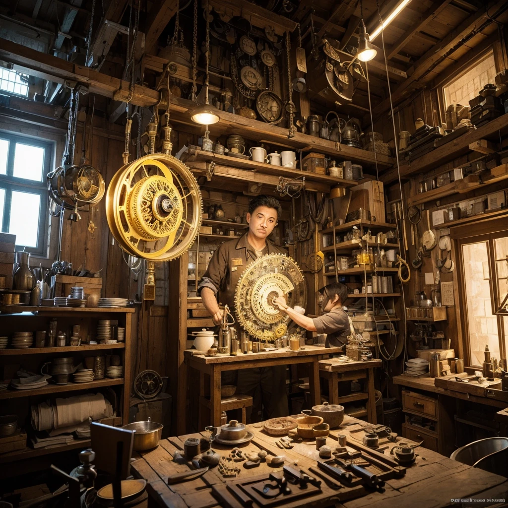 Create a creative and imaginative image of a master craftsman wearing yellow work clothes and proficiently using various tools. Set him in an unconventional and fantastical workshop, such as a steampunk-inspired studio with intricate gears and mechanical wonders, or a magical realm where tools come to life with enchanting powers. Infuse the image with elements of innovation and creativity, showcasing his expertise in a unique and captivating environment. Capture the spirit of craftsmanship and imagination, creating a visually striking and imaginative scene.