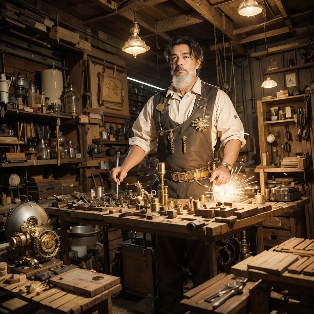 Create a creative and imaginative image of a master craftsman wearing yellow work clothes and proficiently using various tools. Set him in an unconventional and fantastical workshop, such as a steampunk-inspired studio with intricate gears and mechanical wonders, or a magical realm where tools come to life with enchanting powers. Infuse the image with elements of innovation and creativity, showcasing his expertise in a unique and captivating environment. Capture the spirit of craftsmanship and imagination, creating a visually striking and imaginative scene.