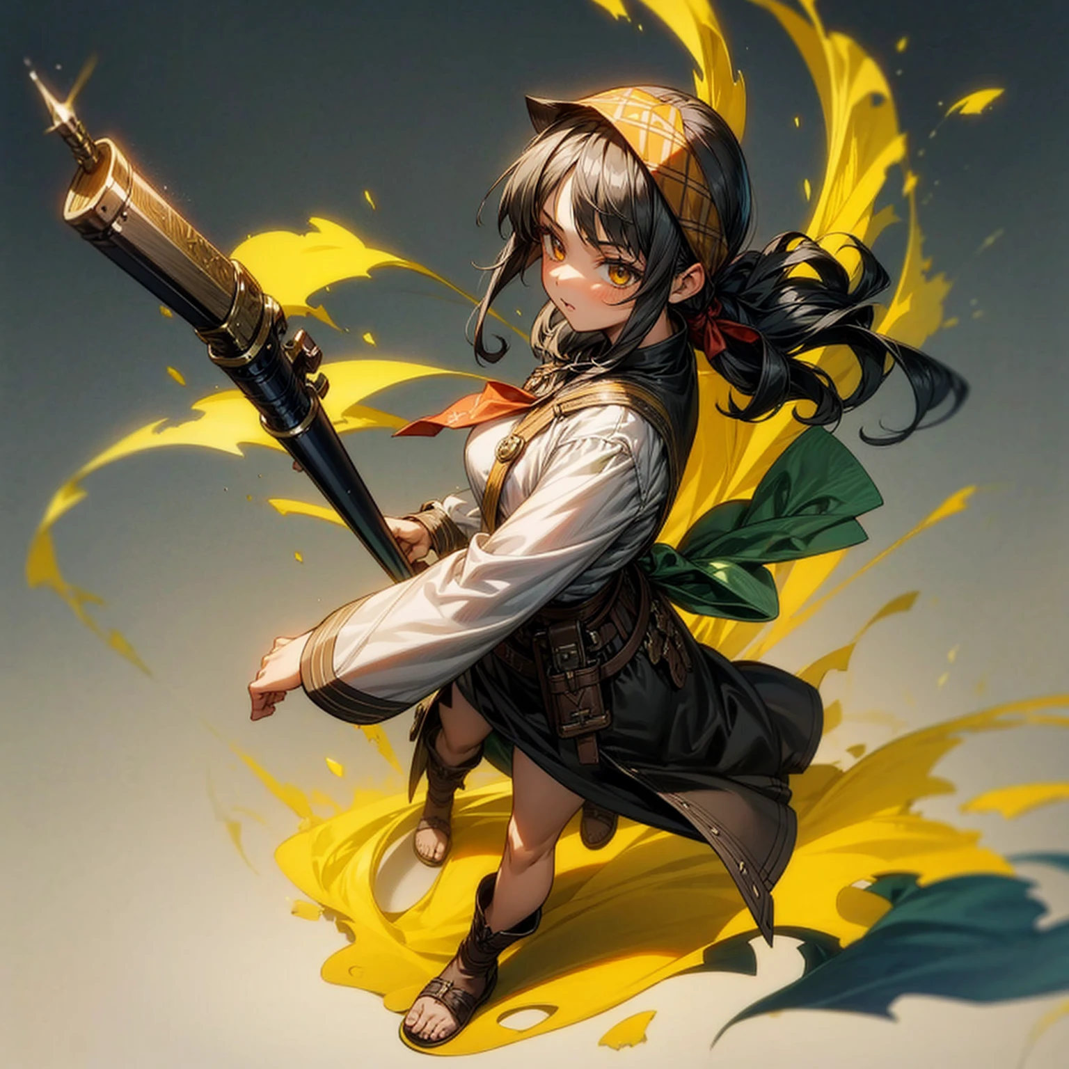 1girl, Full body version, 1character, adult version, gold eyes color, long haircut, black colour hair, bandana, medieval style clothing, shotgun in hand, Grassroots, background in town, motion blur, (Hunter x Hunter style)