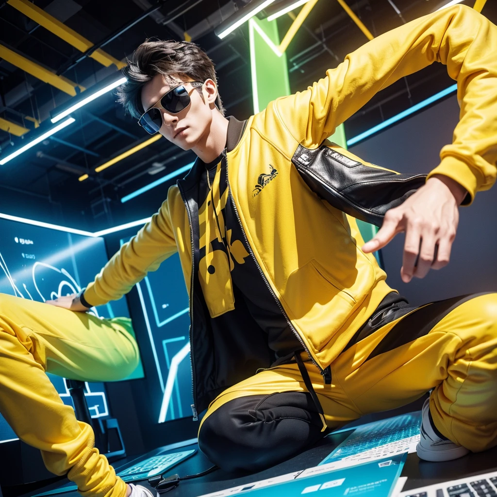 Create a creative and imaginative image of an energetic and stylish entrepreneur man wearing yellow clothes and sunglasses. Set him in an unconventional and futuristic workspace, such as a high-tech office with holographic displays and interactive interfaces, or a virtual reality environment where ideas come to life in vibrant colors and dynamic shapes. Infuse the image with elements of innovation and creativity, showcasing his entrepreneurial spirit and forward-thinking mindset in a unique and captivating way. Capture the essence of energy and creativity, creating a visually stunning and imaginative scene.