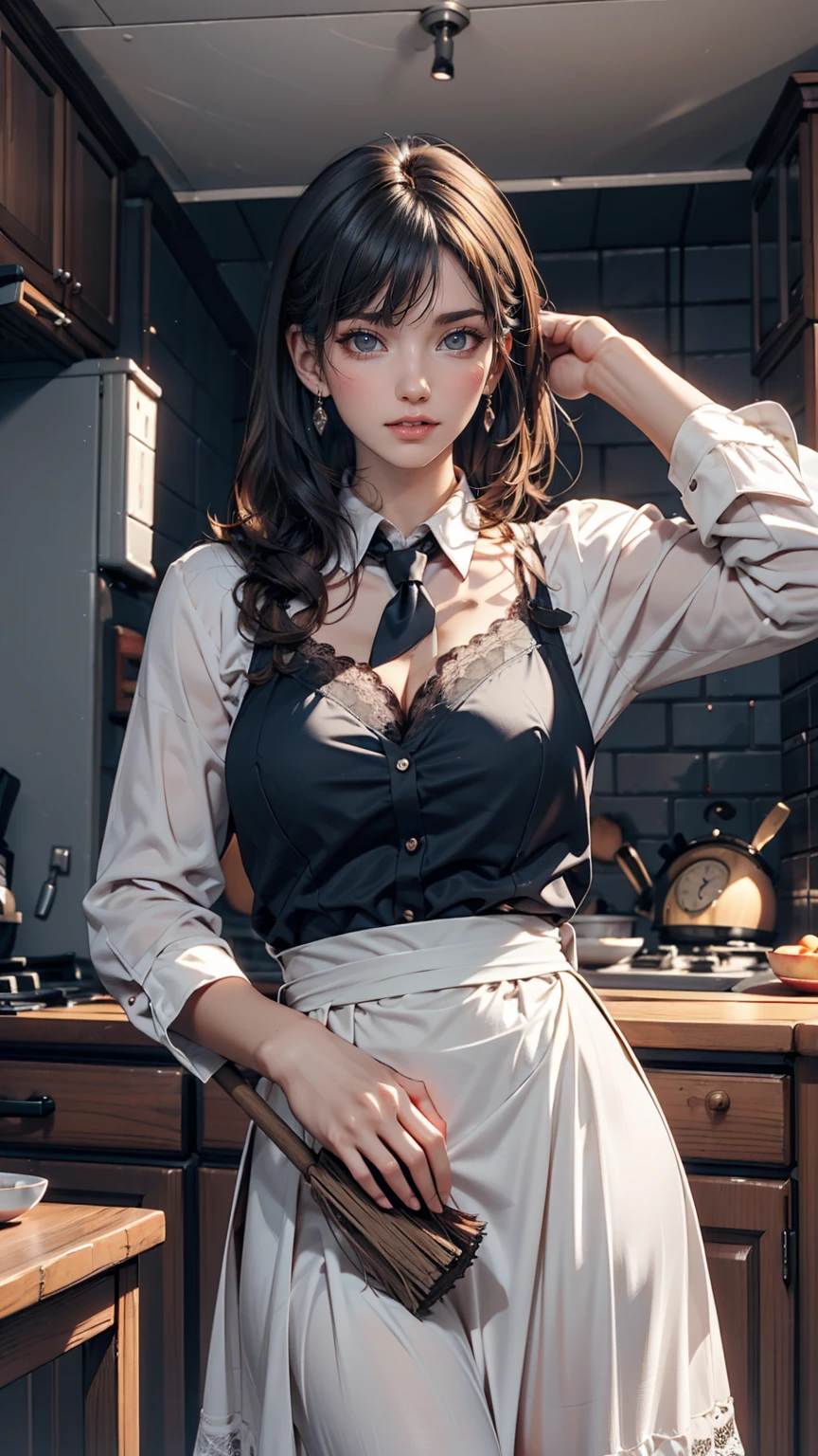 Mezon Hourly Sound Anechoic、Dark blue hair、Tie your hair back、Sexy proportions、Narrow waist、Lace dress、Long skirt、apron、broom、Apartment Background
