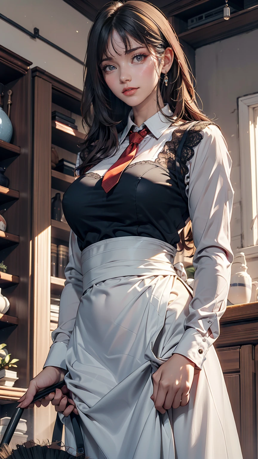Mezon Hourly Sound Anechoic、Dark blue hair、Tie your hair back、Sexy proportions、Narrow waist、Lace dress、Long skirt、apron、broom、Apartment Background