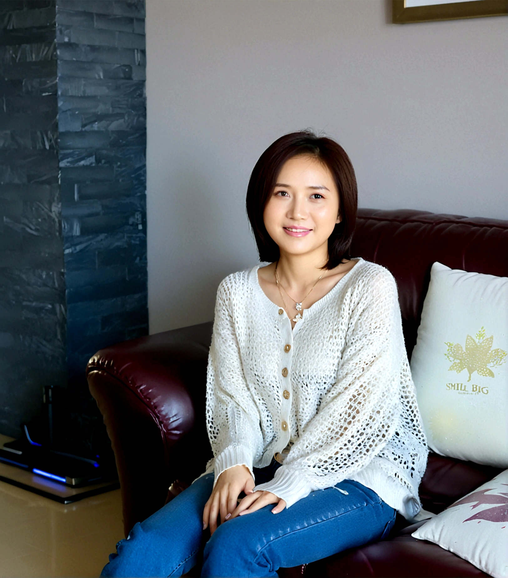 Beautiful Korean Woman , 32 inch chest size, Your eyes are big and pretty. wearing a cardigan, Casual jeans, short medium hair, Smile. necklace, sit on the sofa , uhd