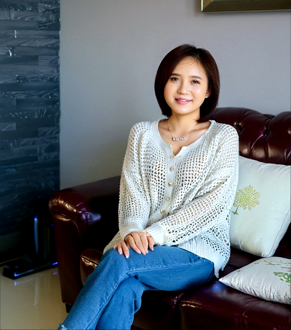 Beautiful Korean Woman , 32 inch chest size, Your eyes are big and pretty. wearing a cardigan, Casual jeans, short medium hair, Smile. necklace, sit on the sofa , uhd