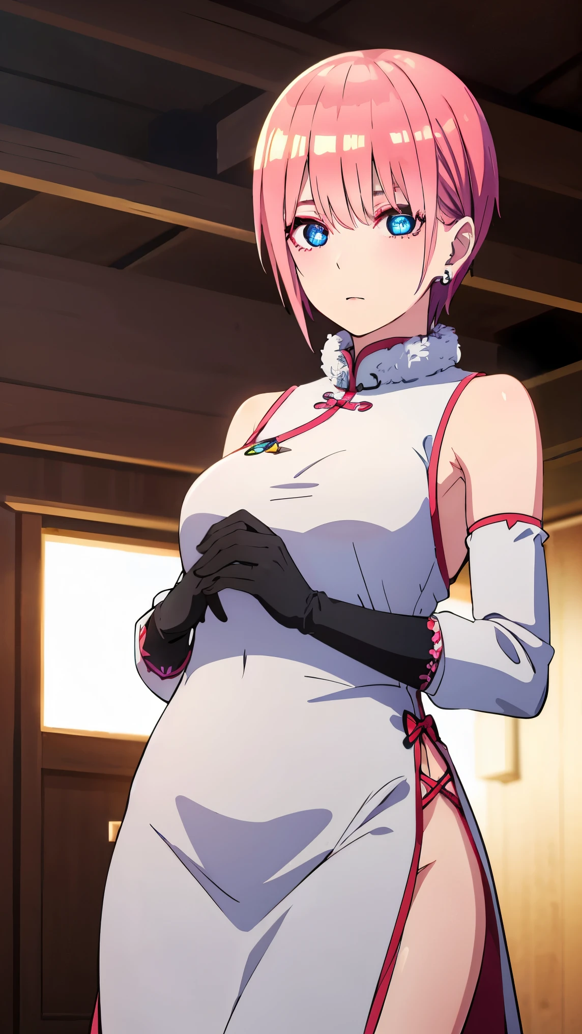 ichikanakano, ichika nakano, short hair, bangs, blue eyes, hair between eyes, pink hair, earrings, BREAK bare shoulders, black gloves, chinese clothes, claw ring, detached sleeves, dress, elbow gloves, frilled sleeves, frills, fur collar, gloves, jewelry, pelvic curtain, sleeveless, sleeveless dress, white dress,
BREAK looking at viewer, full body, (cowboy shot:1.5),
BREAK indoors,
(masterpiece:1.2), best quality, high resolution, unity 8k wallpaper, (illustration:0.8), (beautiful detailed eyes:1.6), extremely detailed face, perfect lighting, extremely detailed CG, (perfect hands, perfect anatomy),