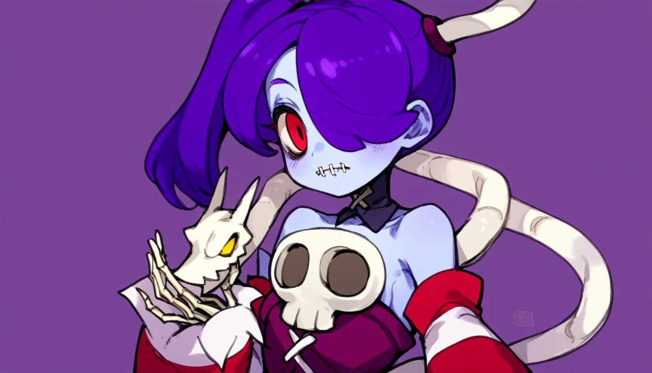 score_9, score_8_up, score_7_up, score_6_up, score_5_up, score_4_up, rating_explicit,
BREAK
squigly, 1girl, solo, long hair, holding, bare shoulders, yellow eyes, purple hair, detached sleeves, side ponytail, detached collar, skull, blue skin, stitches, zombie, striped sleeves, stitched mouth,