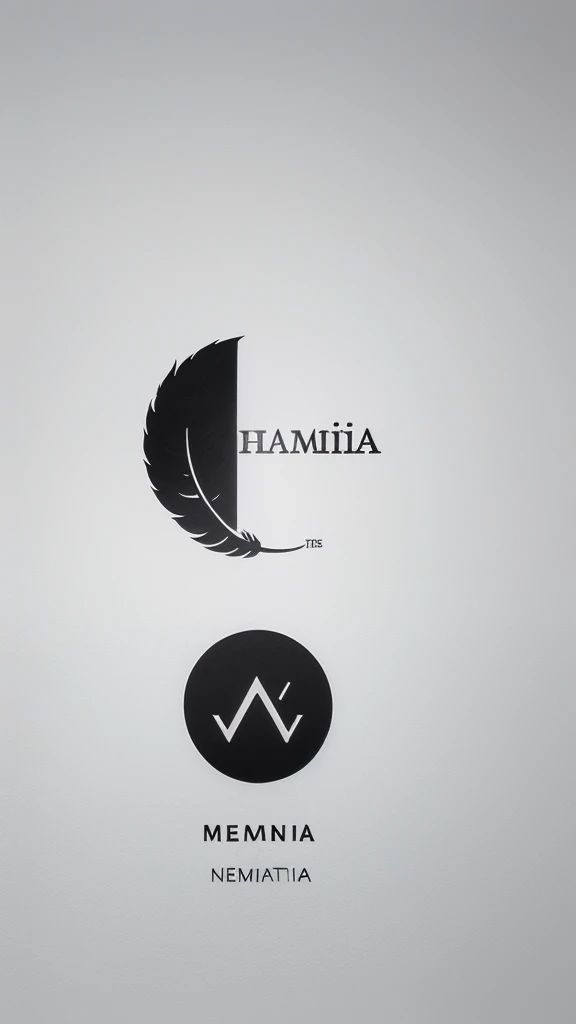 A minimal, modern, simple, cinematic logotype for the brand “Penamemoria". The logotype must be a simple, magical feather and a boy playing acoustic guitar. The logo must convey a sense of music, stories and dreams. Logo design impressed on a book cover. Minimalistic logo