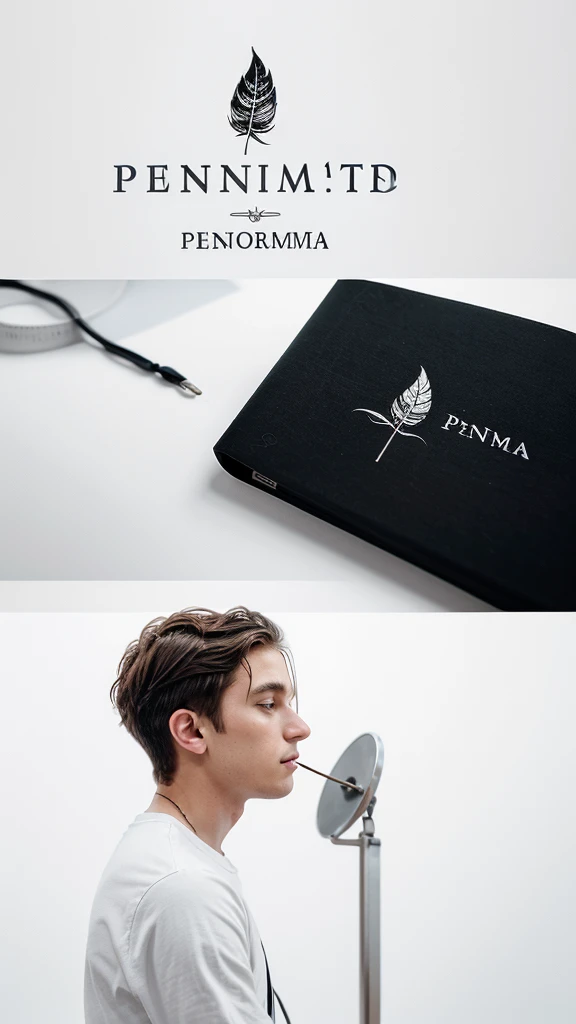 A minimal, modern, simple, cinematic logotype for the brand “Penamemoria". The logotype must be a simple, magical feather and a boy playing acoustic guitar. The logo must convey a sense of music, stories and dreams. Logo design impressed on a book cover. Minimalistic logo