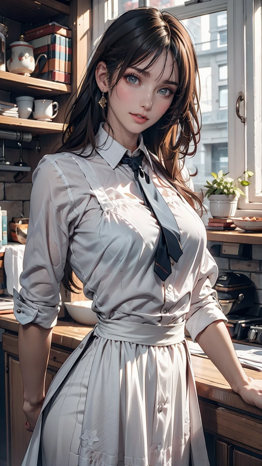 Mezon Hourly Sound Anechoic、Dark blue hair、Tie your hair back、Sexy proportions、Narrow waist、Lace dress、Long skirt、apron、broom、Apartment Background