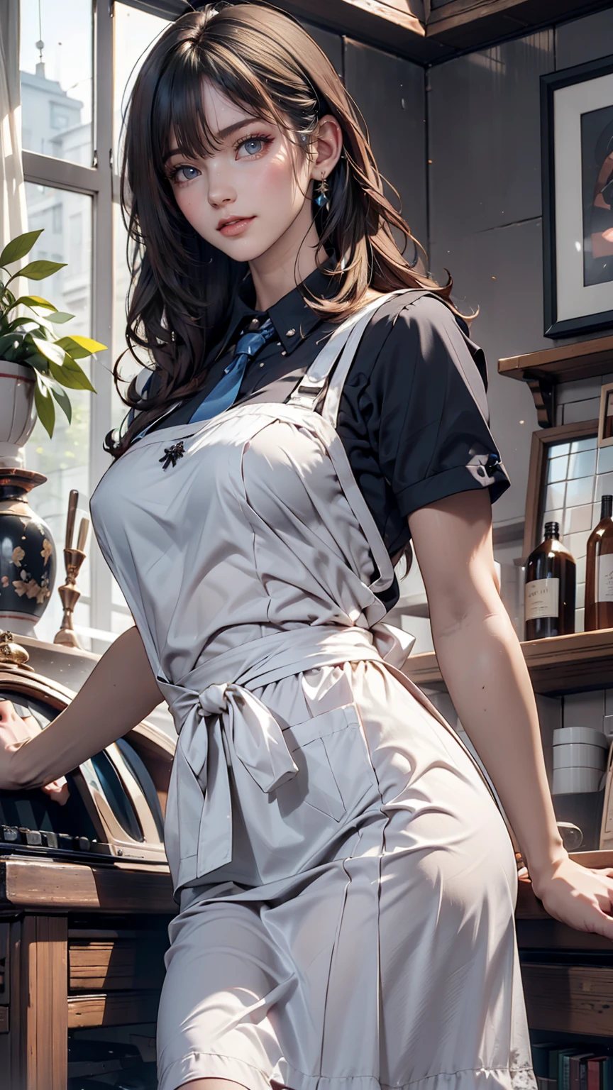 Mezon Hourly Sound Anechoic、Dark blue hair、Tie your hair back、Sexy proportions、Narrow waist、Lace dress、Long skirt、apron、broom、Apartment Background
