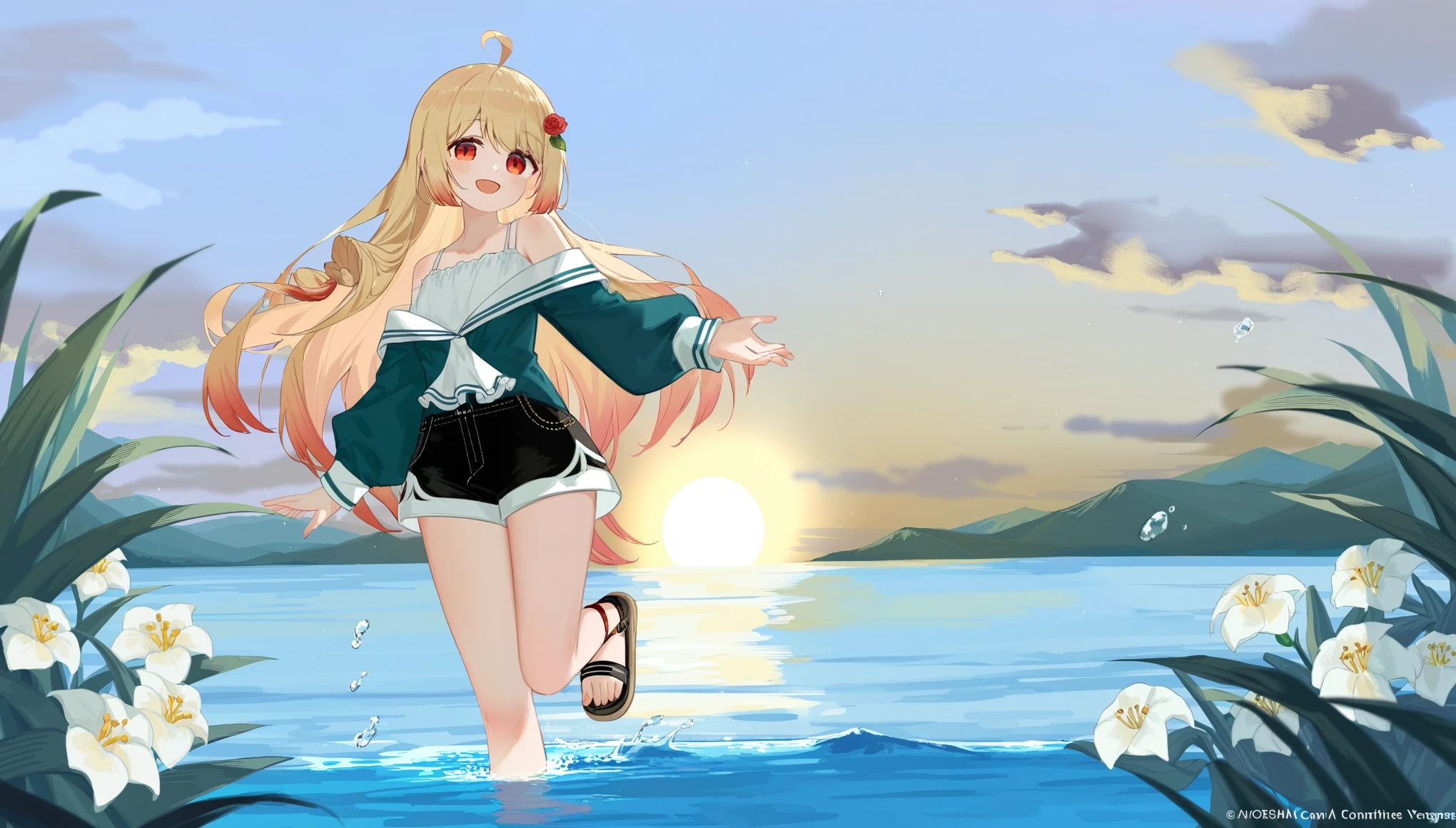1girl, (azumi kazuki:1.1), ciloranko:1.1, (omone_hokoma_agm:1.1), ((absurdres, official art, masterpiece)), best aesthetic, best quality, ultra detailed, intricate details, new, newest, glossy hair, moist skin, 18 years old, depth perception, solo, subject focus:1.1, depth perception, empty eyes, red eyes, solo, outdoors, long hair, shorts, water, ahoge, looking at viewer, long sleeves, sunset, standing, bare shoulders, hair ornament, black shorts, sandals, smile, wading, open mouth, sky, standing on one leg, shirt, flower, sun, hair between eyes, short shorts, blonde hair, very long hair, :d, dress, white flower, outstretched arm, cloud, off shoulder, black footwear, painterly, oil painting style:1.1, muted colours, evening light, dark lighting