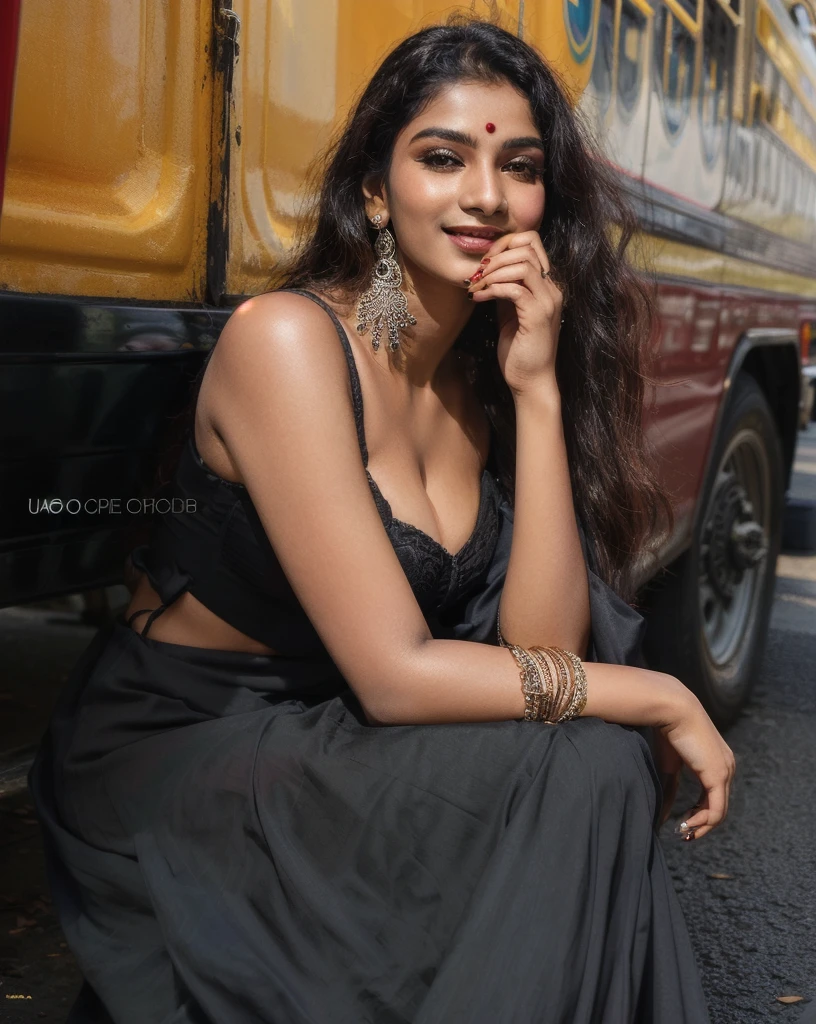 arafed woman sitting on a bench in front of a bus, candid!! dark background, black jewellery, traditional beauty, candid picture, with a seductive smile, very seductive pose, indian, indian goddess, movie stills photography, with lovely look, candid photo, candid photography, beautiful model, inspired by T. K. Padmini, very pretty model, big  , cleavage show