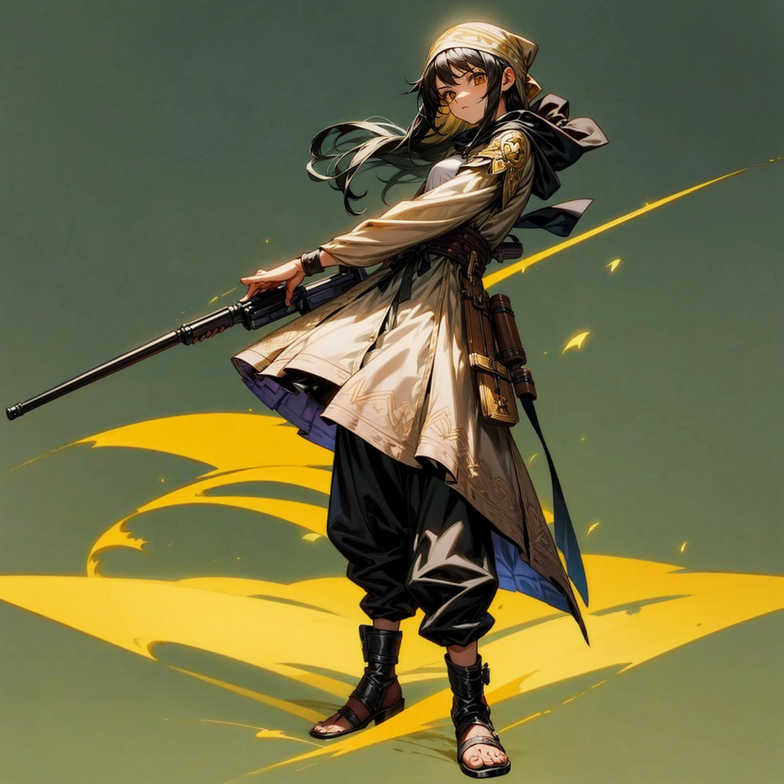 1girl, Full body version, 1character, adult version, gold eyes color, long haircut, black colour hair, bandana, medieval style clothing, shotgun in hand, Grassroots, background in town, motion blur, (Hunter x Hunter style), standing gesture, gun weapon