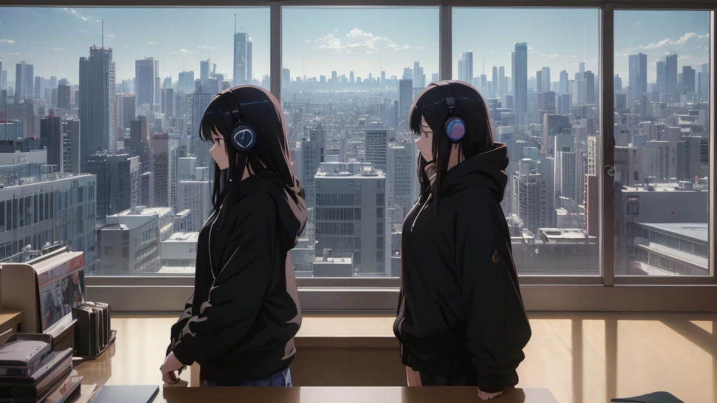 Absurd, Ultra-high resolution, (Official Art, beautifully、mysterious:1.2), Correct human body composition, Striking eyes, Oversized hoodie and short skirt, Shiny black hair, Larger than average bust, Girl listening to music with headphones, Looking out the window, Coffee on the desk, lo-fi girl, Makoto Shinkai and Artgelm, Anime atmosphere, Lofi Art Style, Anime style 8k, Anime Aesthetics, Lo-fi feel, Anime Art Wallpapers 8K, An atmosphere of praise, City Room, age Girl's Room, A room for music lovers, city view from the window, Impressive cityscape, Bright Sky