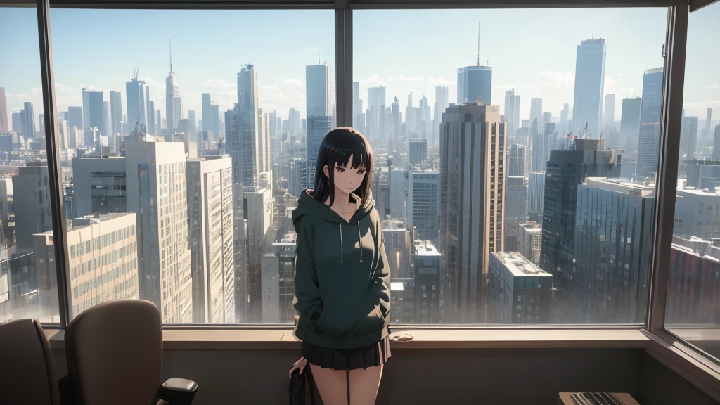 Absurd, Ultra-high resolution, (Official Art, beautifully、mysterious:1.2), Correct human body composition, Striking eyes, Oversized hoodie and short skirt, Shiny black hair, Larger than average bust, Girl listening to music with headphones, Looking out the window, Coffee on the desk, lo-fi girl, Makoto Shinkai and Artgelm, Anime atmosphere, Lofi Art Style, Anime style 8k, Anime Aesthetics, Lo-fi feel, Anime Art Wallpapers 8K, An atmosphere of praise, City Room, age Girl's Room, A room for music lovers, city view from the window, Impressive cityscape, Bright Sky
