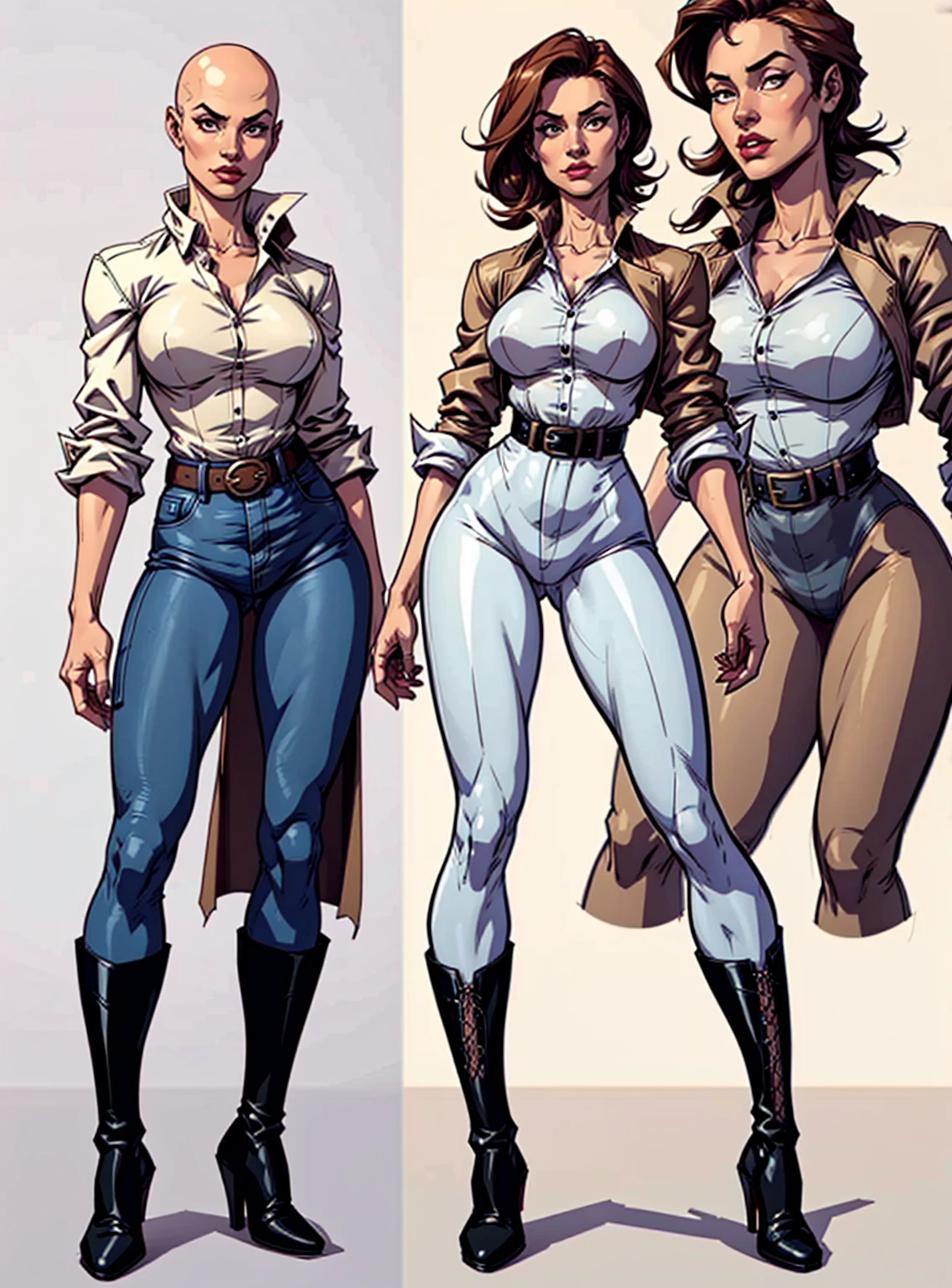 digital art, highly detailed, reference sheet in multiple angles, standing pose, feminine features, mature woman, adult female, whole body, bald, form-fitting, trench coat, office shirt, sleeves folded up to mid-arm, double belt, long pants, heeled boots, 1woman, solo, upper body, lower body, ((Extremely Detailed)), ((Best Quality)), ((Masterpiece)), ((4k)).

