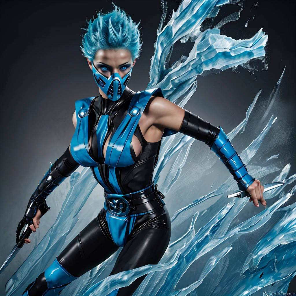 Frost, blue hair,  blue eyes, solo, standing, close up, short hair up, spiked hair,covered nipples, 
FroNin, mask,  fingerless elbow gloves, ,bodysuit ,thighhighs, black footwear, heels, pelvic curtain, stars,typical  blue martial arts uniform, arm and leg guards, an icy blue mask, wielding an ice sword, icy background particles,icy waves, stunning detailed background, icy steam from hands, icy steam from mask, icy steam from suit,((complex background))
(insanely detailed, beautiful detailed face, masterpiece, best quality) a black jumpsuit with attached blue tabard and belt and printed armour detailing on the shins and arms, icy weapons, dynamic pose, midriff, snowflakes,ice, 

Ben Bauchau, Michael Garmash, Daniel F
Gerhartz, Clint Cearley, Carne Griffiths, Jean Baptiste
Monge, strybk style, warm dreamy lighting, matte
background, volumetric lighting, pulp adventure
style, fluid acrylic, dynamic gradients, bold color,
illustration, highly detailed, simple, smooth and clean
vector curves, vector art, smooth, johan grenier,
character design, 3d shadowing, fanbox, cinematic.
ornate motifs, elegant organic framing, hyperrealism
posterized, masterpiece collection, bright lush colors.
TXAA, penumbra, abstract minimalism, wet gouache


, FROST, FRONIN,