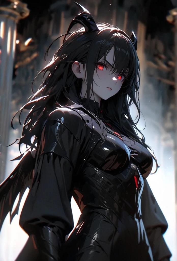 (solo), black hair, messy hair, mane hair, long hair, dense hair, wild hair, expressive hair, mature,(25 year old), pale skin, red eyes, ((woman)), wearing black armor, black dragon horns,, black helmet, serious, black wings, beautiful, attractive, eye reflection, depth of field, thunder aura,cinematic lighting, ray tracing, depth of field, cinematic lighting, ray tracing, UHD, high details, best quality, highres, high quality, award winning, super detail, masterpiece, 8k, UHD, high details, best quality, highres, high quality, award winning, super detail, masterpiece, 8k, digital art, anime coloring, full body, body shot, good face, perfect face, detailed face, good eyes, sitting on a throne