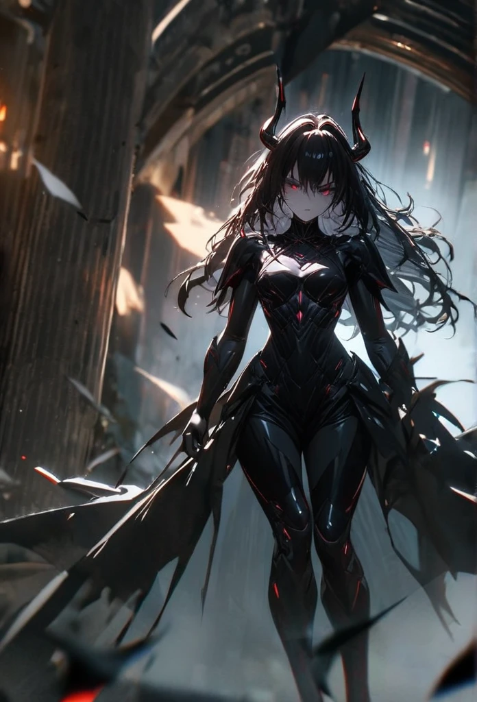 (solo), black hair, messy hair, mane hair, long hair, dense hair, wild hair, expressive hair, mature,(25 year old), pale skin, red eyes, ((woman)), wearing black armor, black dragon horns,, black helmet, serious, black wings, beautiful, attractive, eye reflection, depth of field, thunder aura,cinematic lighting, ray tracing, depth of field, cinematic lighting, ray tracing, UHD, high details, best quality, highres, high quality, award winning, super detail, masterpiece, 8k, UHD, high details, best quality, highres, high quality, award winning, super detail, masterpiece, 8k, digital art, anime coloring, full body, body shot, good face, perfect face, detailed face, good eyes, sitting on a throne