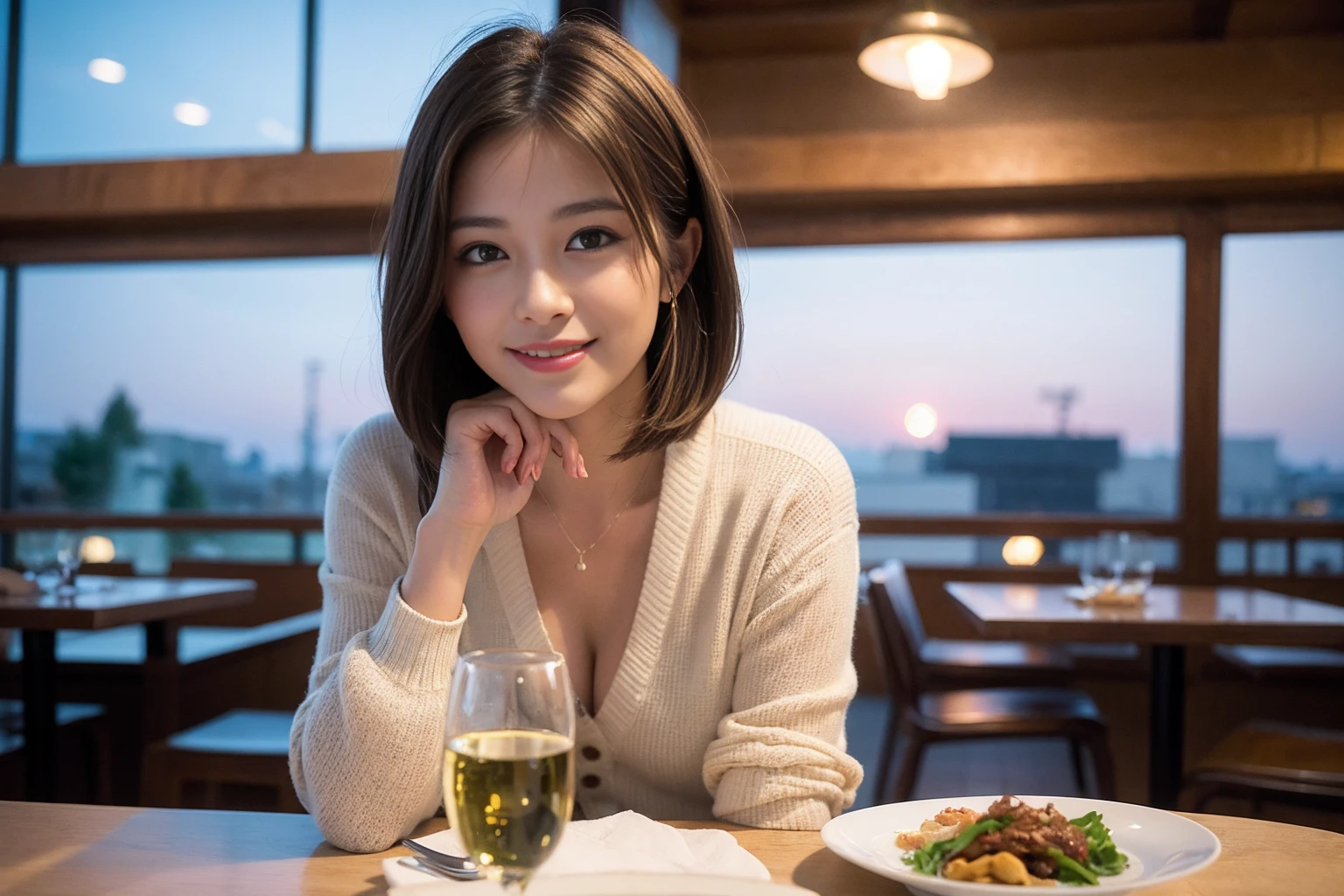 ((Highest quality、8K、masterpiece:1.3))、cute、slimカップル、modelカップル、(Realistic, Intricate details:1.2), full-course dinner、Wine Party、Amazing view of the sunset sky and clouds、A bright smile、The wonderfulness of smile、Bright image、The beauty of wine, Beautiful Face, blue eyes, The light shines on your face, Blushing, short hair,Bright Face、 (Age 37), Age 34, red wine 、Appetizers、Italian food、Wine bottle、Champagne、sparkling wine、Two beauties、Brown Hair、Shortcuts、Long sleeve shirt、dress、Beautiful woman 1, (slimな顔), (The body is slim), (Brown Hair), (Shortcuts), cheeks turn a little red,Attractive beauty、restaurant, In a prominent place (From the waist up) Nova Frog Style, actress, model, Upper Body, White wine, slim, wine glass, 中央に置かれたwine glass, smile, (smile: 1.15), Beautiful fine grain, Depth f/2,saturation, High Contrast, Strong light and shadow,Moist Body:1.5、3D texture、Delicate eyes、Brown Hair、The hair is very shiny、