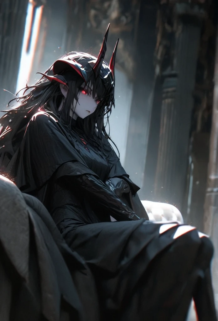 (solo), black hair, messy hair, mane hair, long hair, dense hair, wild hair, expressive hair, mature,(25 year old), pale skin, red eyes, ((woman)), wearing black armor, black dragon horns,, black helmet, serious, black wings, beautiful, attractive, eye reflection, depth of field, thunder aura,cinematic lighting, ray tracing, depth of field, cinematic lighting, ray tracing, UHD, high details, best quality, highres, high quality, award winning, super detail, masterpiece, 8k, UHD, high details, best quality, highres, high quality, award winning, super detail, masterpiece, 8k, digital art, anime coloring, full body, body shot, good face, perfect face, detailed face, good eyes, sitting on a throne