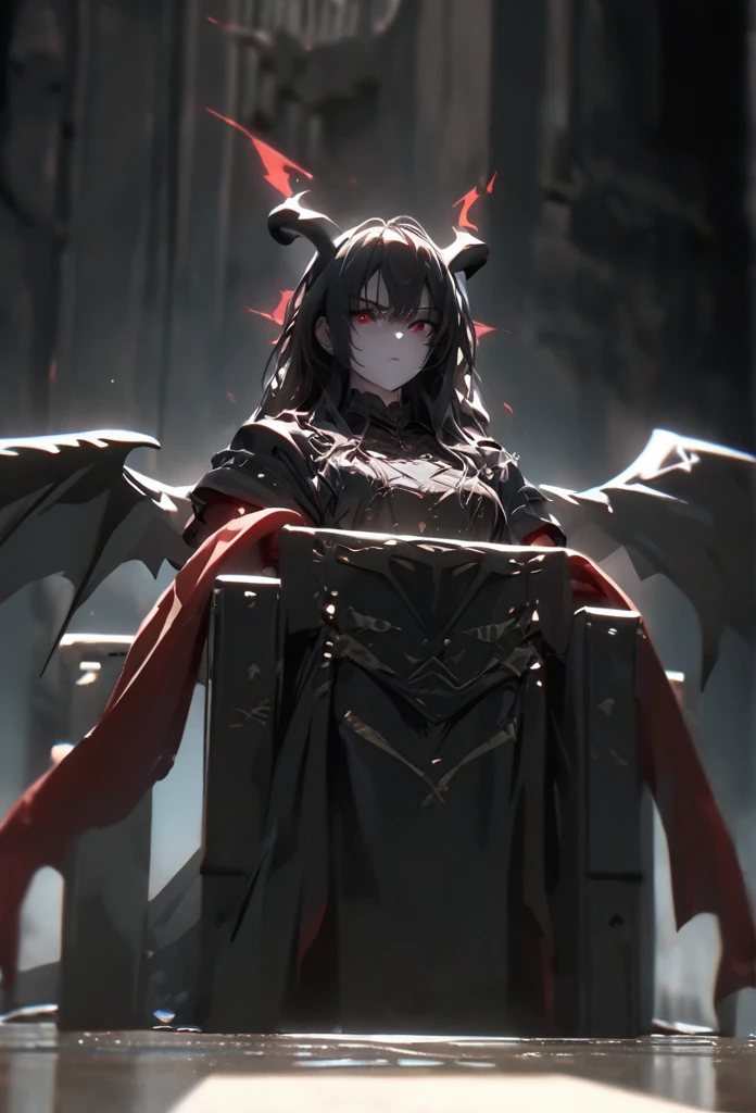 (solo), black hair, messy hair, mane hair, long hair, dense hair, wild hair, expressive hair, mature,(25 year old), pale skin, red eyes, ((woman)), wearing black armor, black dragon horns,, black helmet, serious, black wings, beautiful, attractive, eye reflection, depth of field, thunder aura,cinematic lighting, ray tracing, depth of field, cinematic lighting, ray tracing, UHD, high details, best quality, highres, high quality, award winning, super detail, masterpiece, 8k, UHD, high details, best quality, highres, high quality, award winning, super detail, masterpiece, 8k, digital art, anime coloring, full body, body shot, good face, perfect face, detailed face, good eyes, sitting on a throne