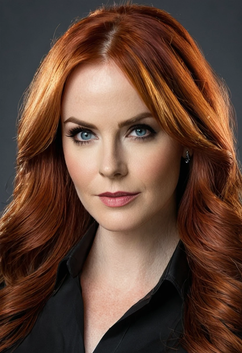 A portrait of DC Comics' Barbara Gordon whose facial features are a combo of Camryn Grimes + Karen Gillan + Tara Strong + Dina Meyer + Alicia Silverstone. Barbara has long bright-red hair. Barbara wears a solid black shirt and a gray skirt. Barbara has lovely makeup on her face. Symmetrical eyes. Symmetrical face. Great details. Photorealistic. Full-colored photo. Professional photo. Highly detailed 8K.