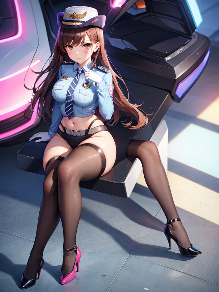 officer dva, solo girl, medium breast, wide hips, thighs, full body, high heels, sitting, crossed legs