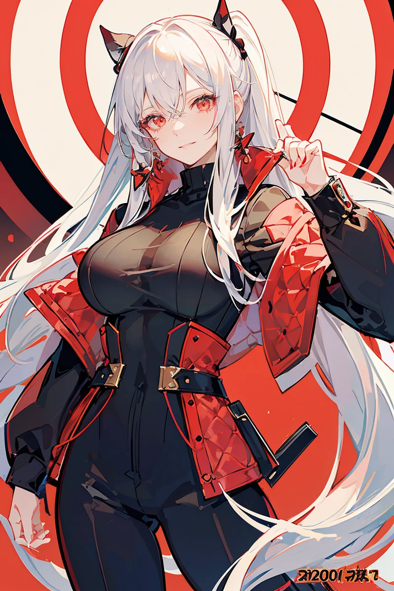 (masterpiece), best quality, seductive eyes, mature face, beautiful woman, red eyes, long white hair with bangs, double ponytail, long eyelashes, white turtleneck, black pants, big breast, anime cover, 1girl, smug face, mature face
