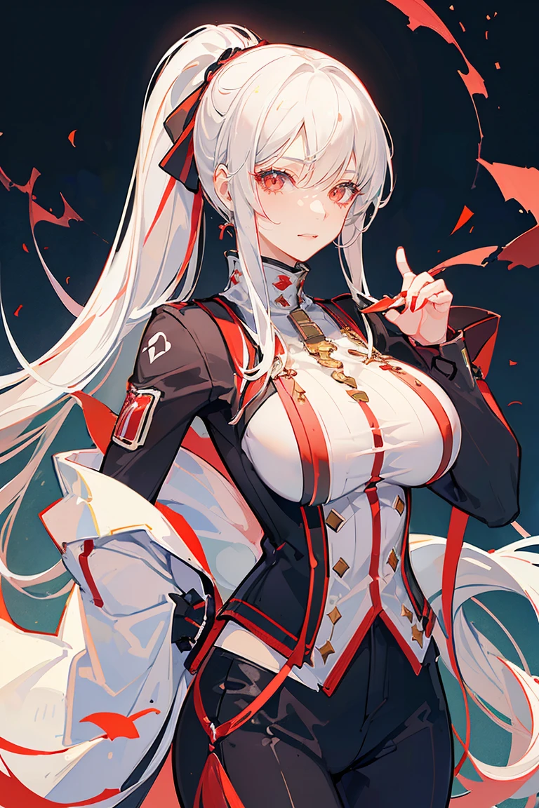 (masterpiece), best quality, seductive eyes, mature face, beautiful woman, red eyes, long white hair with bangs, double ponytail, long eyelashes, white turtleneck, black pants, big breast, anime cover, 1girl, smug face, mature face
