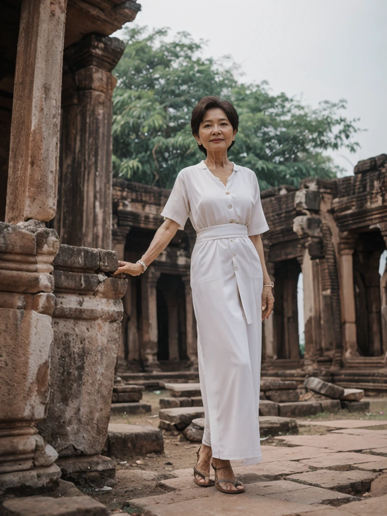Khin Than Nu, RAW PHOTO, her name is Chariya, high quality, 1 old woman, ((58-year-old slim THAI woman)), (((58 years old))), ((slim body)), ((wrinkled body)), (((old body))), (((short hair))), she is wearing a fashionable stylish Generation X wear different colors, POSE: standing, BREAK, BACKGROUND: outdoor, Amidst the ancient ruins of Ayutthaya, film grain
