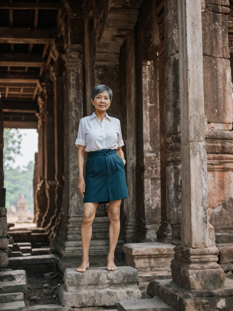 Khin Than Nu, RAW PHOTO, her name is Chariya, high quality, 1 old woman, ((58-year-old slim THAI woman)), (((58 years old))), ((slim body)), ((wrinkled body)), (((old body))), (((short hair))), she is wearing a fashionable stylish Generation X wear different colors, POSE: standing, BREAK, BACKGROUND: outdoor, Amidst the ancient ruins of Ayutthaya, film grain