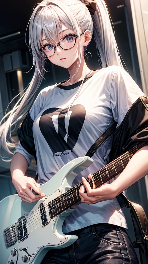Electric guitar、White T-shirt、ponytail、Black trousers、Glasses、woman