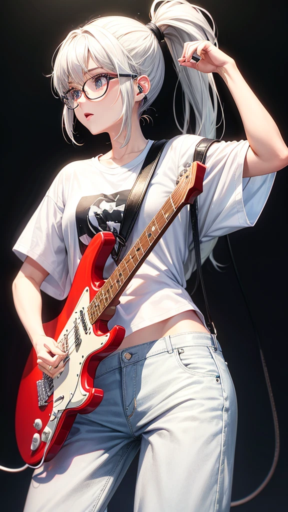 Electric guitar、White T-shirt、ponytail、Black trousers、Glasses、woman