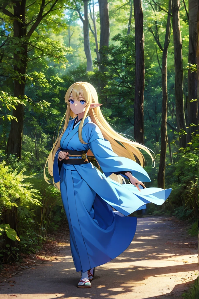 young woman, elf, blonde, long hair, Blue eyes, long blue kimono, In the woods