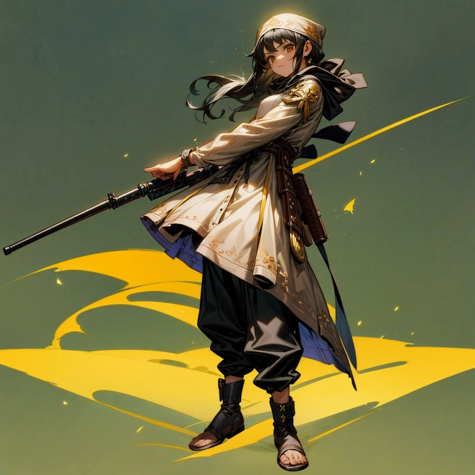 1girl, Full body version, 1character, adult version, gold eyes color, long haircut, black colour hair, bandana, medieval style clothing, shotgun in hand, Grassroots, background in town, motion blur, (Hunter x Hunter style), standing gesture, gun weapon