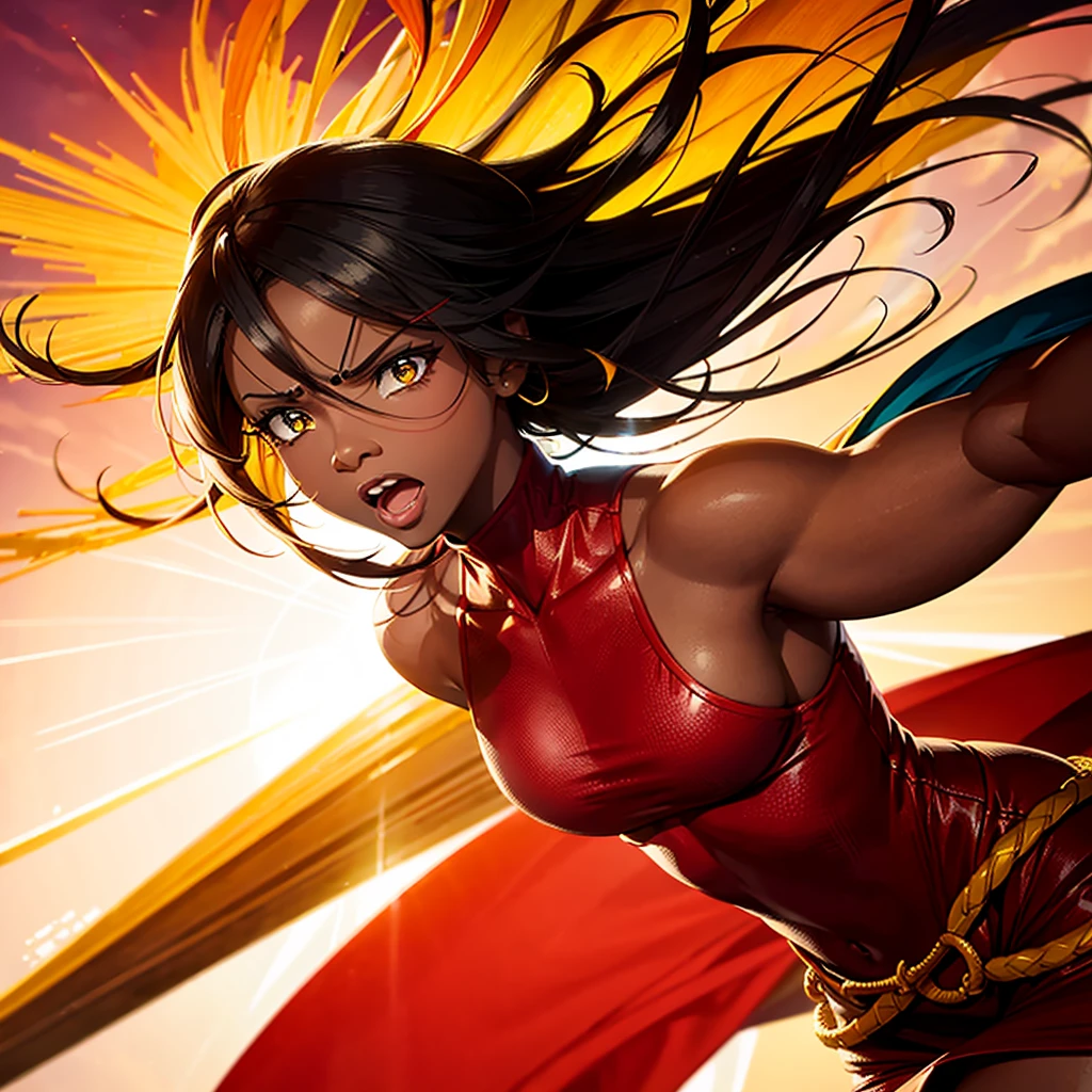 African woman, with angry face, red and yellow clothes, white background, rays in the background, wind in the background, light in the background