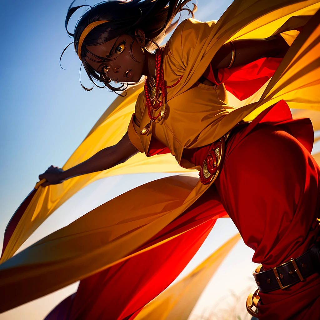 African woman, with angry face, red and yellow clothes, white background, rays in the background, wind in the background, light in the background
