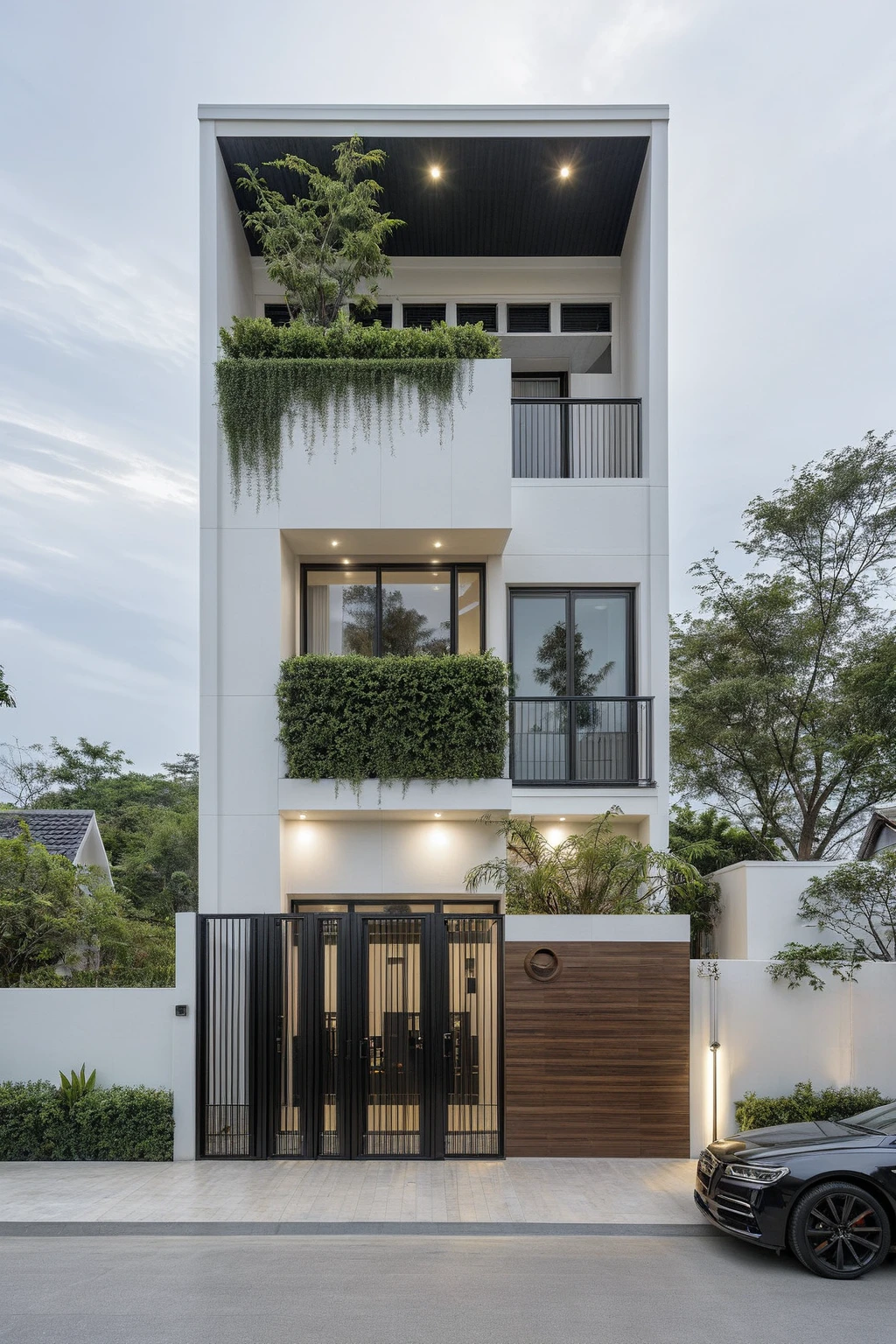 RAW photo, a photo of a modern house, (curvilinear chrchitecture:1.4), Wabisabi style rounded wall, white wall, steel dark gate, sidewalk, sidewalk trees, ((grey gate:1.2)), road, viet nam modern residence, ((architectural shot)), rough white wall, new residential area, wide angle exterior 2022, contemporary house, exterior photography, masterpiece, contemporary architecture, overcast, indirect lighting