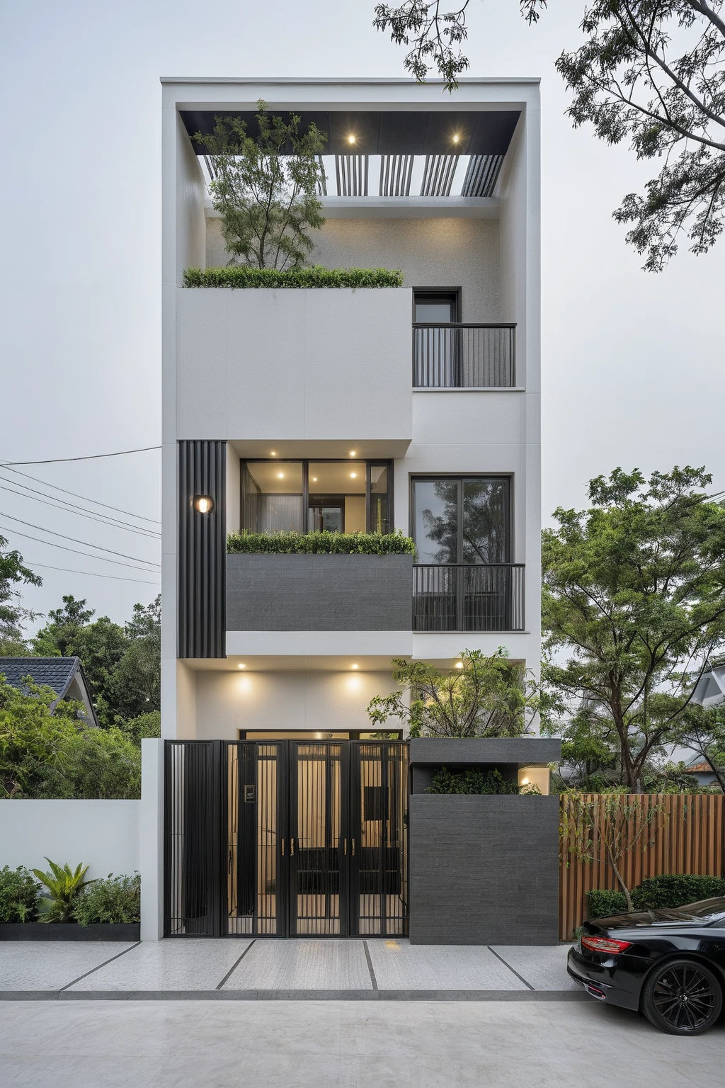 RAW photo, a photo of a modern house, (curvilinear chrchitecture:1.4), Wabisabi style rounded wall, white wall, steel dark gate, sidewalk, sidewalk trees, ((grey gate:1.2)), road, viet nam modern residence, ((architectural shot)), rough white wall, new residential area, wide angle exterior 2022, contemporary house, exterior photography, masterpiece, contemporary architecture, overcast, indirect lighting